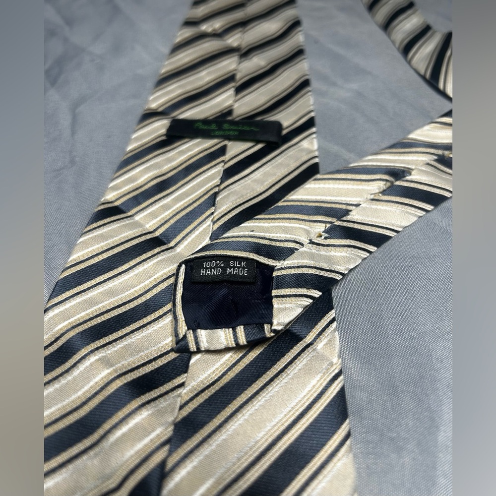 Men’s Paul Smith Vintage Vtg 90s Blue Cream Striped Silk Italy Designer Tie - Picture 2 of 5